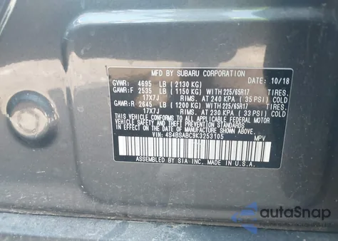 2019 Subaru Outback 2.5I z USA, uszkodzony, nr VIN 4S4BSABC9K3253105